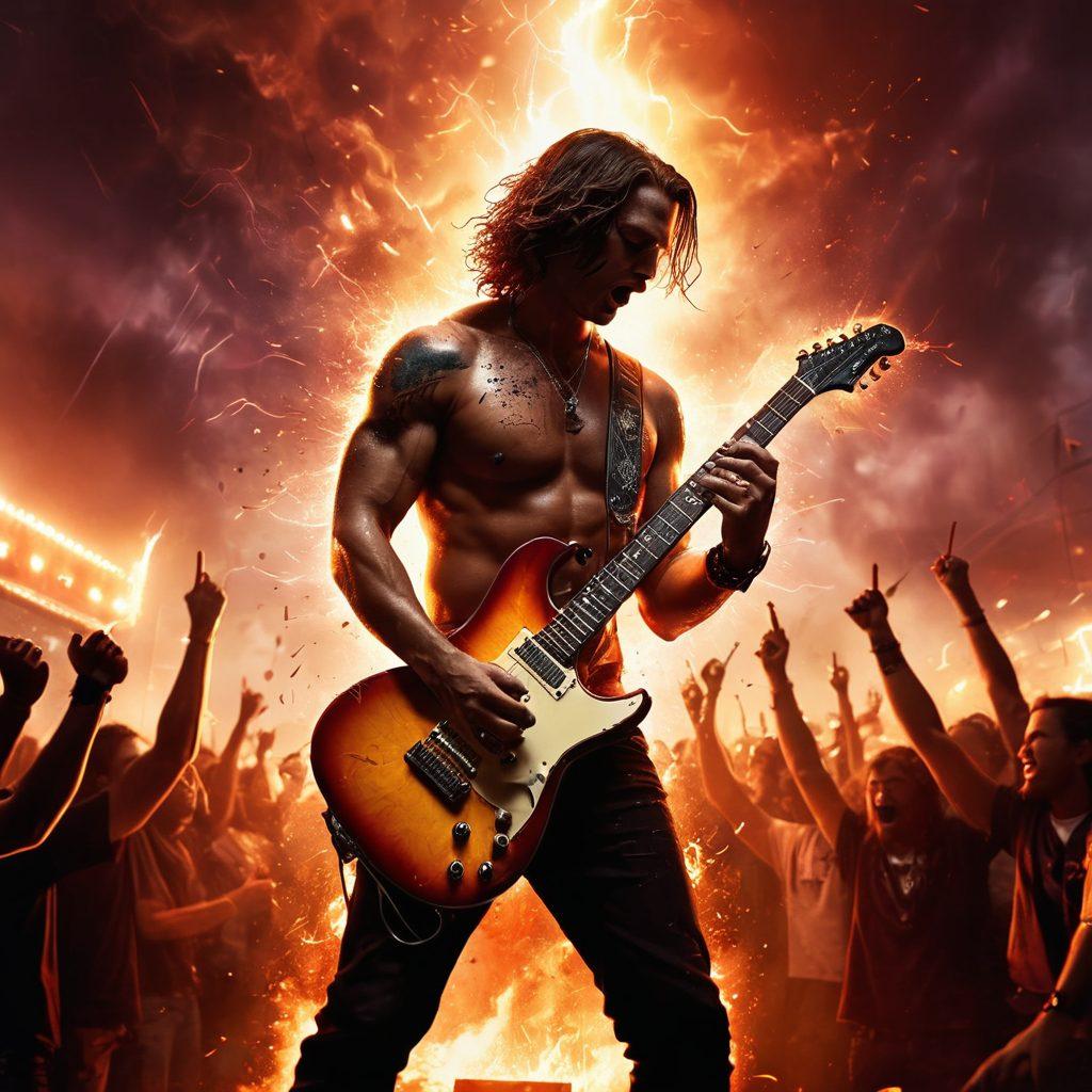 A dramatic scene capturing the essence of heavy metal music, featuring an electric guitar on fire with music notes swirling around it, silhouettes of iconic band members playing in the background, a crowd of passionate fans raising their fists in the air, and a vibrant lightning storm overhead. super-realistic. vibrant colors. dynamic lighting.