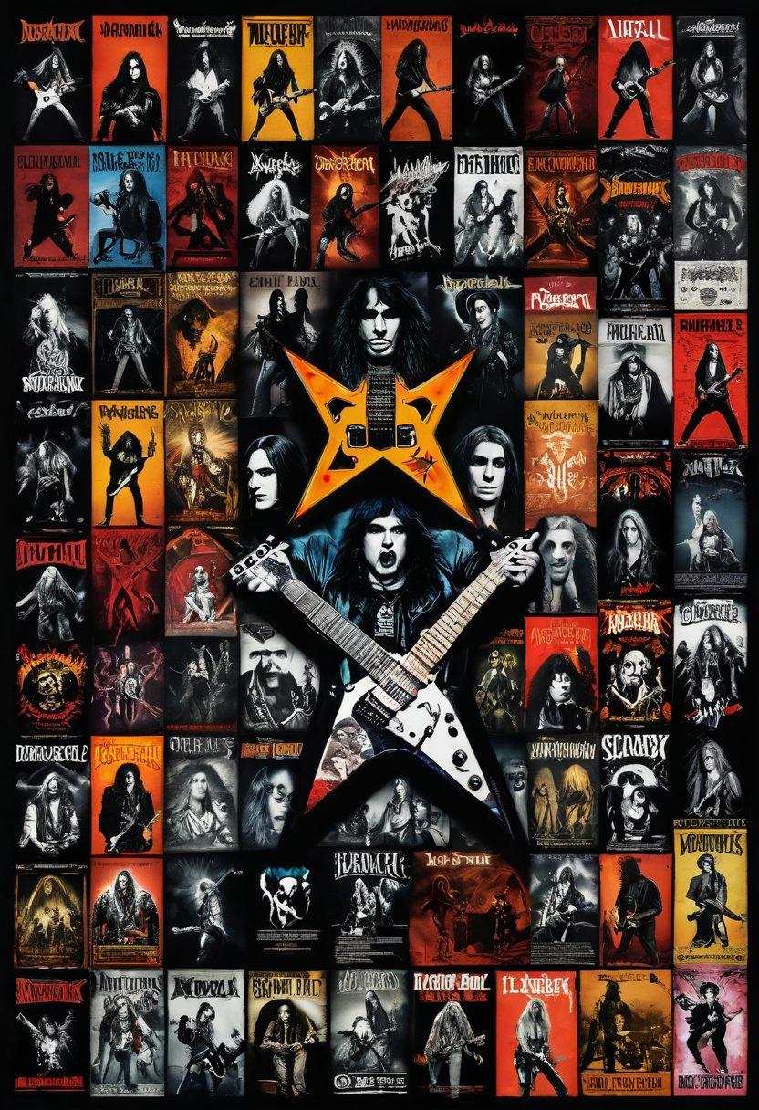 A vibrant collage showcasing the evolution of metal culture through the decades, featuring iconic band members from various eras, heavy metal album covers, and enthusiastic fans headbanging at concerts. Incorporate elements like guitars, leather jackets, and vintage concert posters to reflect the community's passion. Bright lighting and dynamic motion to convey energy and excitement. Include a dark, grungy background to enhance the metal aesthetic. super-realistic. vibrant colors. 3D.