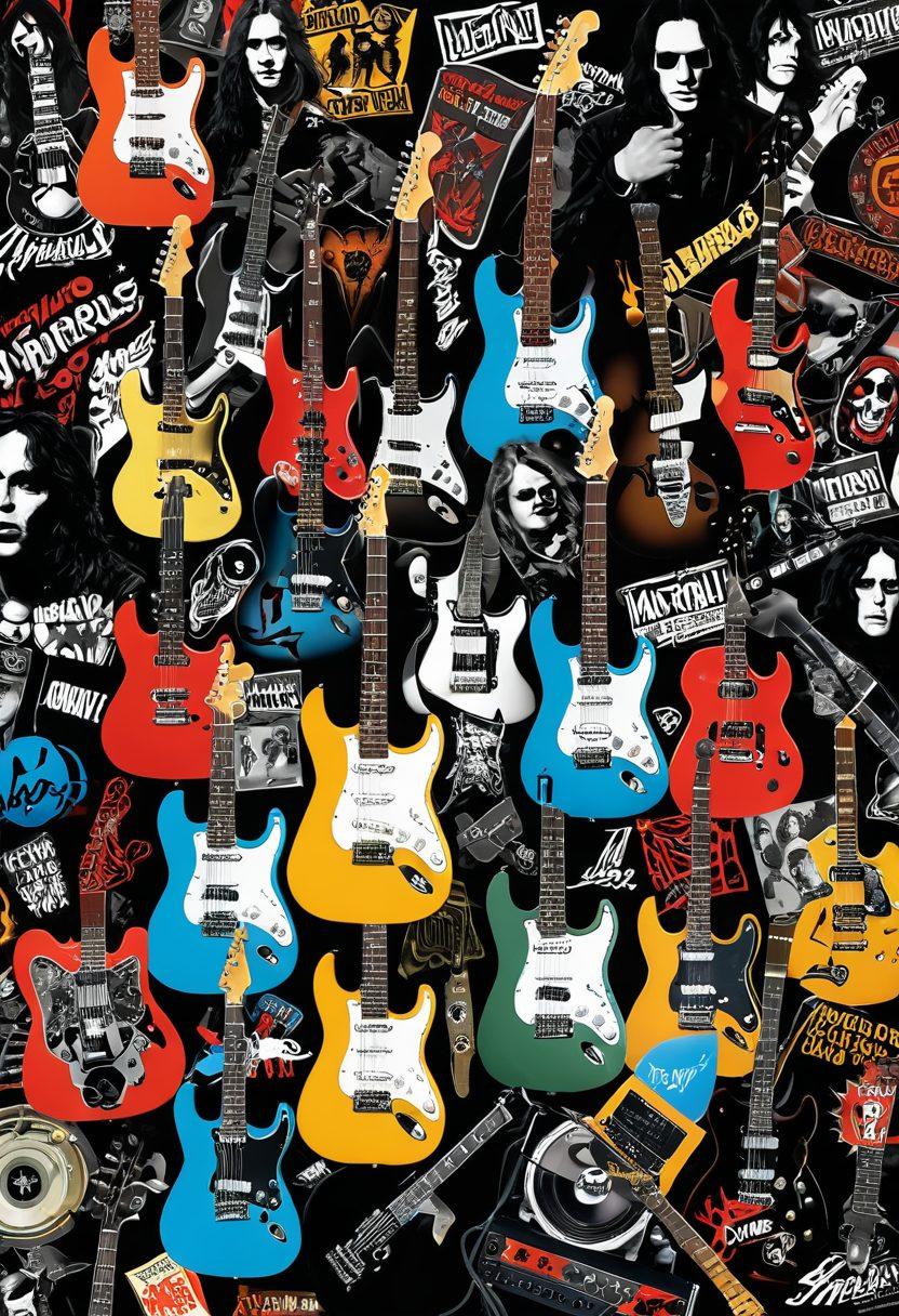 An electrifying collage featuring iconic heavy music bands throughout the decades, showcasing their distinct attire and instruments. Visual elements include electric guitars, amplifiers, and crowd surfing fans, interweaving historical moments like the birth of heavy metal in the 1970s to today's metalcore. Use vibrant colors to highlight the energy and passion of heavy music culture. Include a vintage microphone and records to enrich the nostalgic feel. retro, dynamic design.